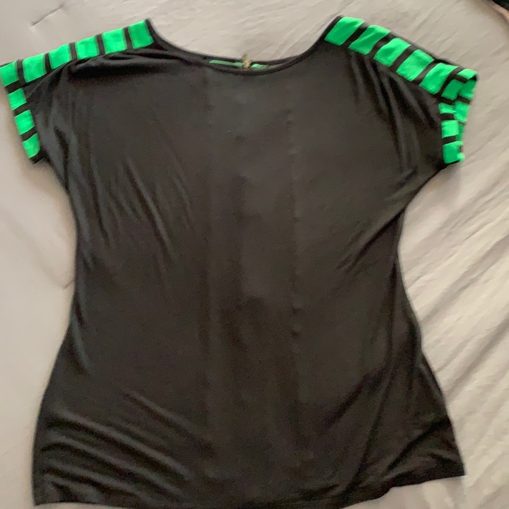 Black blouse with green print and zipper back